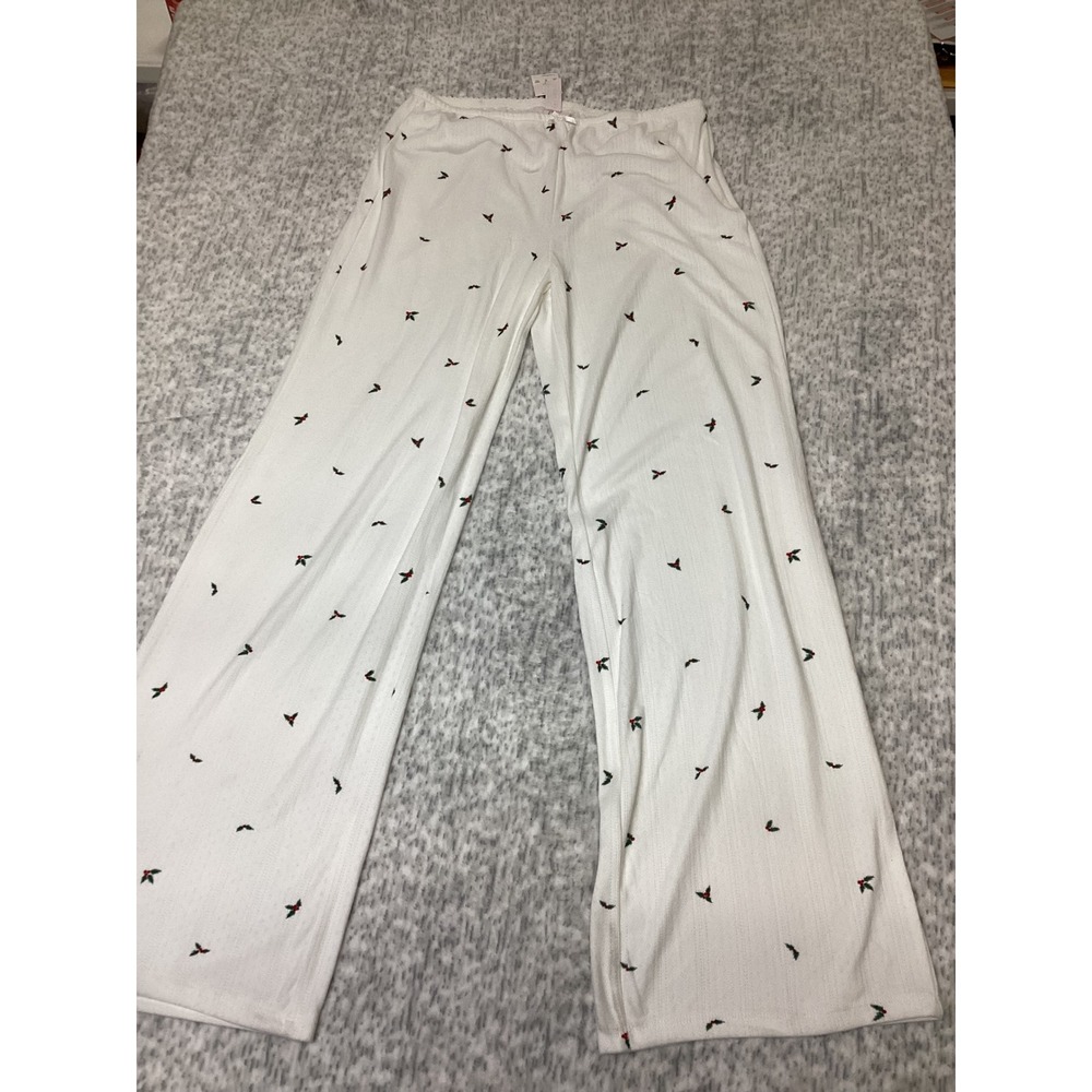 Auden cream Holly Pajama Pants Wide Leg Pointelle Knit Christmas Small see pic